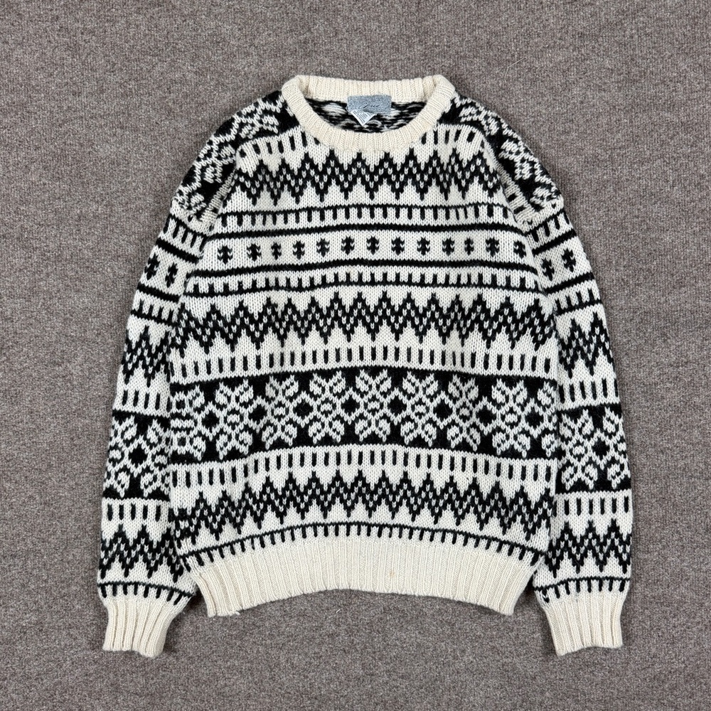 Vintage Wool Pullover Sweater Womens L Black Cream Geometric Striped Pattern 90s